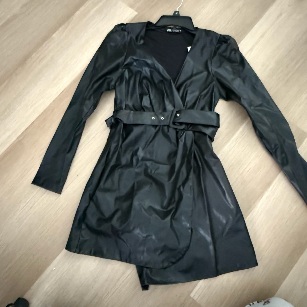 ZARA Black Leather Belted Dress